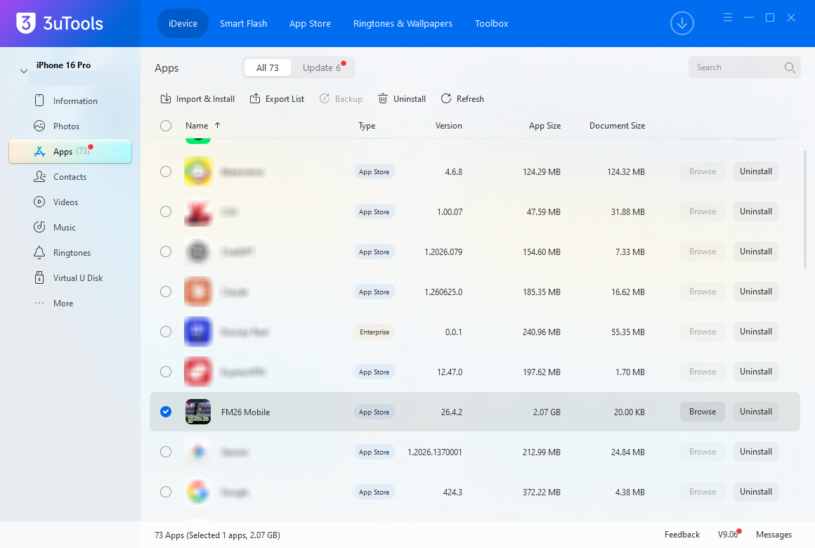 The Browse button on the FM26 Mobile row in 3uTools